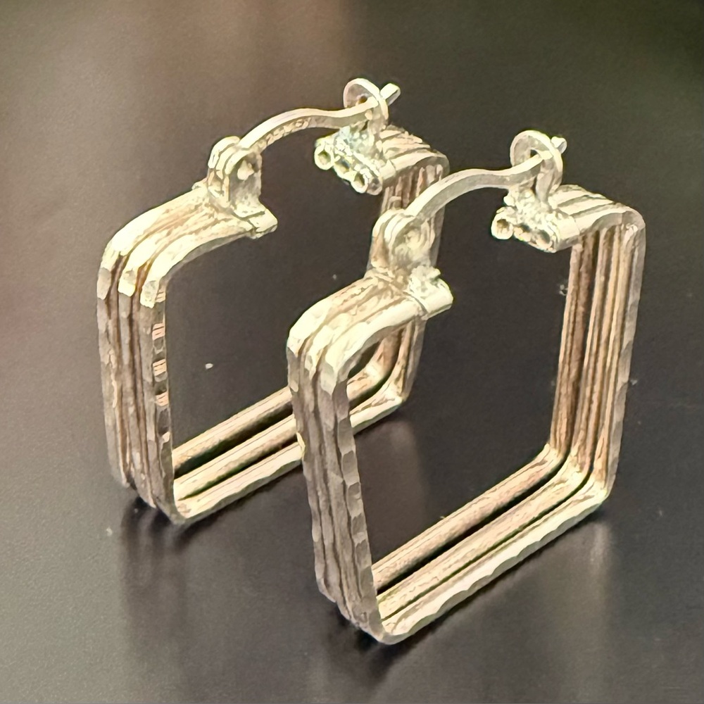 Vintage Signed 925 MEX Sterling Silver Triple Hollow Tube Square Hoop Earrings